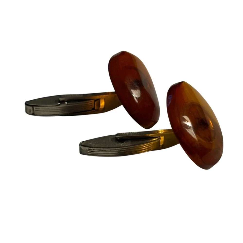 Baltic Amber Cufflinks Signed MET Vintage Unique‎ Nature Oval MCM Translucent